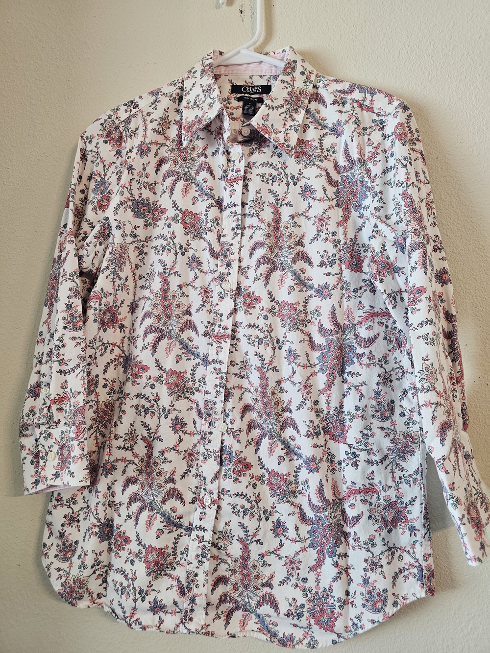 Chaps White Button-Down Shirt with Red and Blue Floral Print